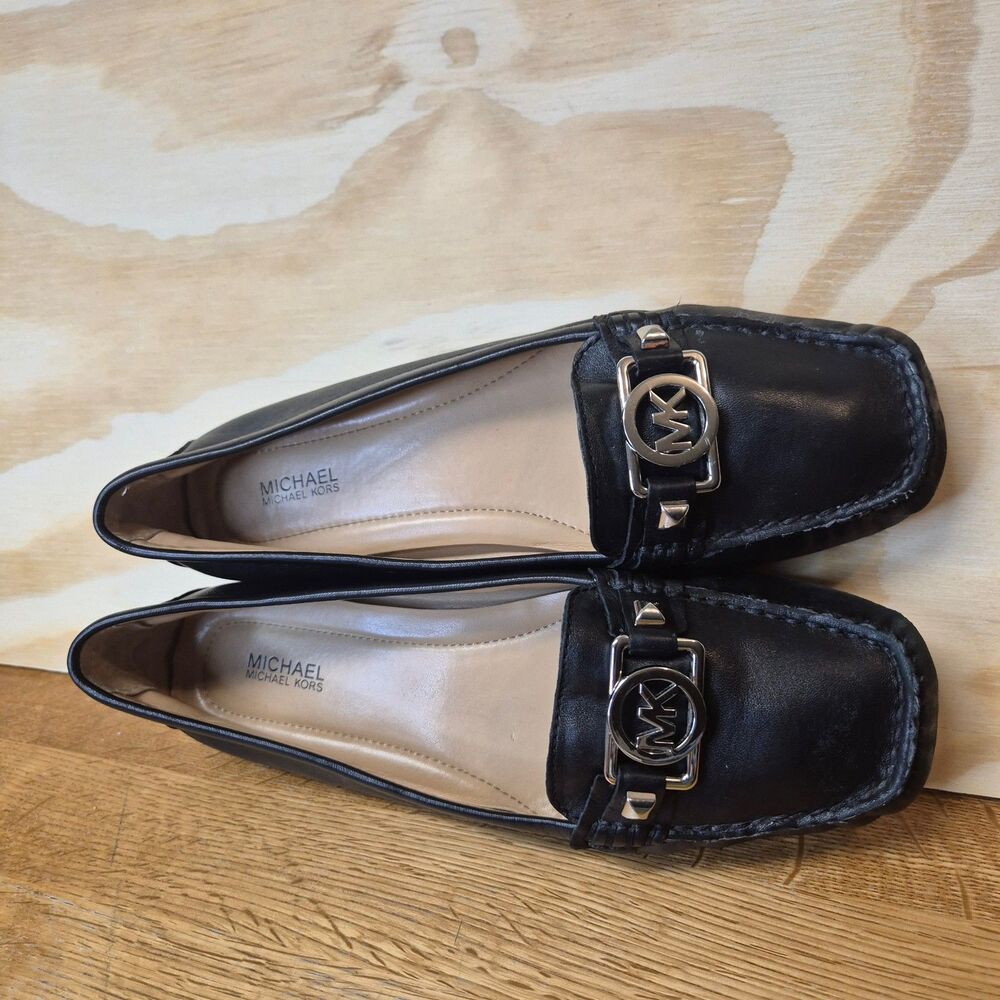 Michael Kors Womens Black Leather Loafers Flats MK Logo Size 8.5 M